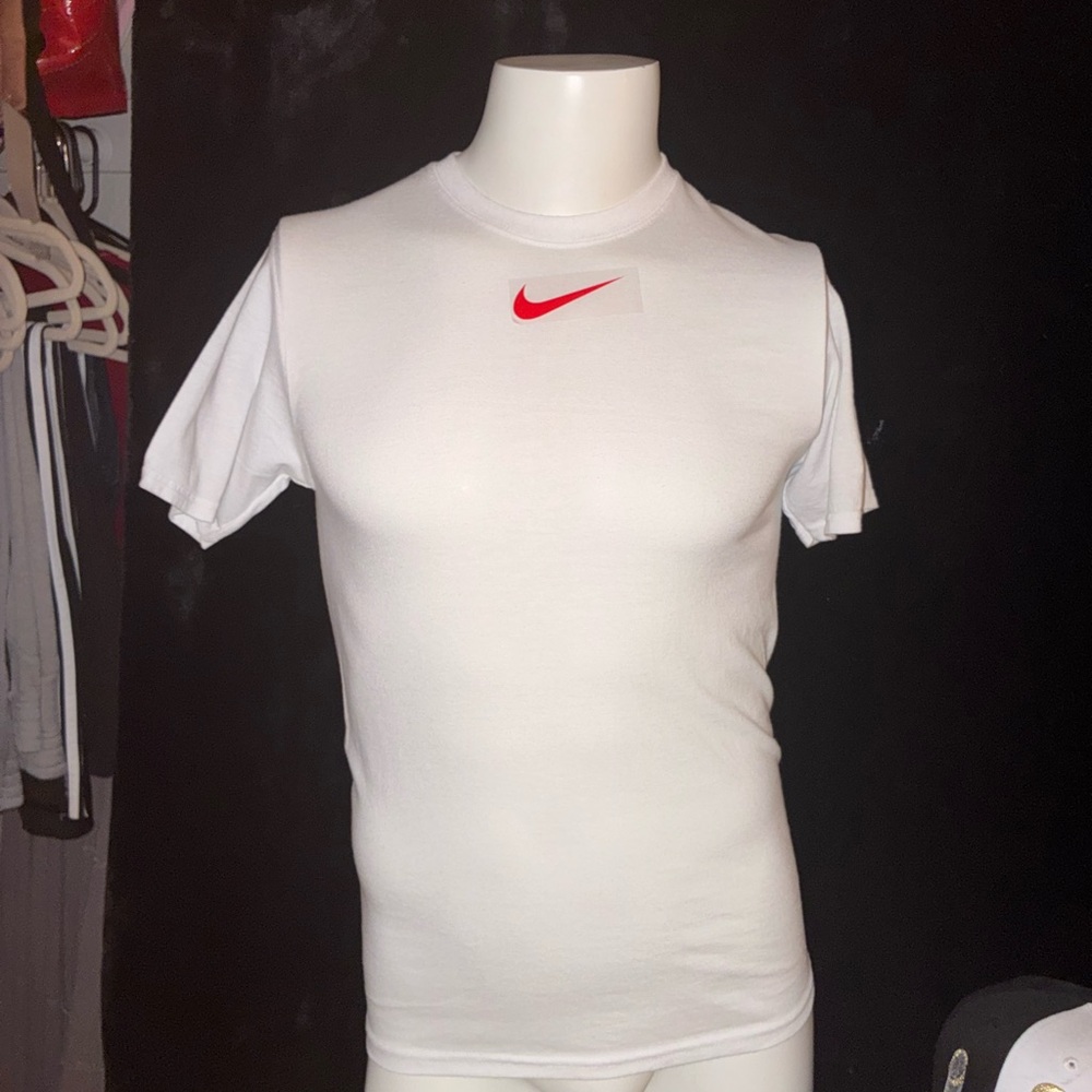 Nike Men's Short Sleeve White Tee with Red Swoosh